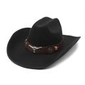 Klassieke zwarte vilten cowboyhoed van 9,5cm met leren band en metalen stierenkopdecor - M(56-59CM) / Wit