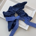 Navy blue denim scrunchie with checkered ribbon bow and gold charm in a beige gift box - Dark Blue Solid Bow (Approx. 18cm)