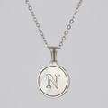 Silver stainless steel necklace with round white shell pendant engraved with letter N - Silver White Shell Letter N