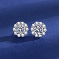 Classic silver S925 halo earrings with round brilliant cut moissanite on blue velvet - Sunflower Earrings Led-63