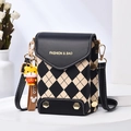 Crossbody phone bag with black and white checkered pattern and a cartoon tiger charm - Black Rhombus