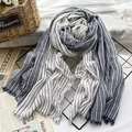 Blue and white striped cotton-linen scarf with fringed edges displayed on a grid - Navy Blue