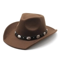 Detail of a brown felt cowboy hat featuring a black leather band with silver metal studs - Coffee / M (56-58cm)