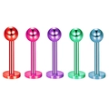 Five pack of flat back stainless steel piercing studs in red, pink, purple, green and blue - Smooth Ball Style