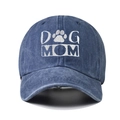 Close-up of white Dog Mom embroidery and paw print on washed denim baseball cap - One Size / Navy Blue