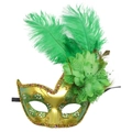 Maschera veneziana verde e oro con glitter, gioielli e lunghe piume di struzzo - Oro Verde