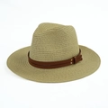 Detail of straw Panama hat with brown leather band and golden rivet accents - 58cm / Khaki