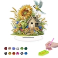 DIY acrylic 5D diamond painting kit featuring a sunflower landscape and tools - Sunflower House