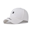 Detailed view of white washed cotton baseball cap with black B letter embroidery - Adjustable / White