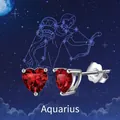 S925 sterling silver heart earrings with red zircon for Aquarius constellation - 925 Silver / January: Garnet Red (Aquarius)