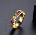 Elegant gold ring with a rainbow of rectangular cubic zirconia stones in channel setting - Ur0651a