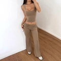 Slim fit two-piece khaki set with camisole top and flared trousers for women - S / Brown