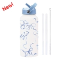 White 1L stainless steel insulated sports bottle with blue bow print and straw accessories - Ivory White 23H1