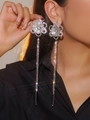 Elegant silver flower drop earrings with shimmering rhinestone tassels for women - Silver Triple Layer Flower Tassel