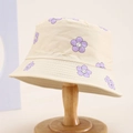 Kids reversible bucket hat with smiling flower pattern on beige cotton fabric for sun protection - 54cm (3-8 Years) / Beige