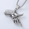 Macro detail of vintage silver gesture gun pendant with stainless steel box chain - Creative Finger Gun Gesture Style