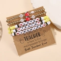 5pcs Teacher Day bracelet set with colorful Heishi beads and LOVE TEACH INSPIRE letters - SY0604-1 (5Pcs Set-Yellow/Black/White/Gold)