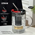 1000ml borosilicate glass straw cup in midnight red with creative text decals - 1000ml / No Troubles Strawberry Theme Stainless Steel Straw Set