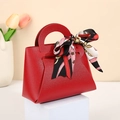 Elegant red leather wedding candy favor bag with decorative printed silk scarf handle - Wine Red (Floral Satin)
