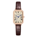 Dettaglio orologio al quarzo quadrato con quadrante champagne, lancette blu e cinturino in pelle - Numeri Romani Cinturino Marrone