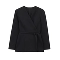 Elegant women's black V-neck blazer with long sleeves and matching waist belt - XS / Black