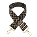 Detail of 5cm wide beige wave pattern bag strap with gold hardware and swivel hooks - Black Khaki