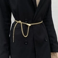 Punk style gold snake metal chain belt accessory for dresses and blazers shown on model - Gold Waist Chain