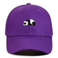 Close-up of a purple baseball cap featuring detailed black and white panda embroidery - Purple