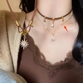 Bohemian layered star pendant choker necklace with brown wax cord and gold chain - Gold Set