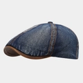 Detailansicht der Vintage-Jeans-Schirmmütze mit braunem Lederschirm und Kontrastnähten - Verstellbar / Dunkelblau (BJM189)