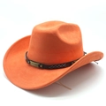Detail of orange suede cowboy hat featuring brown leather band and bronze metal buckle - M (56-58cm) / Orange (Suede)