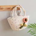 Handmade white cotton rope woven handbag with colorful dots and a bright fabric flower detail - Retro Pink Flower / White Multi Polka Dot