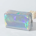 Detailed side view of holographic PU laser makeup bag with smooth zipper and rainbow glow - Silver Gray