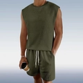Men's summer casual two-piece set with dark green sleeveless checkered vest and shorts - Army Green