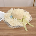 Beige straw sun hat with white lace brim, colorful floral decor, and green ribbon bow - No Flower Green Ribbon Beige