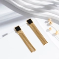 Elegant gold-plated drop earrings featuring a black enamel square stud and long tassel chains - ER-768 Black Square Long Tassel Earrings