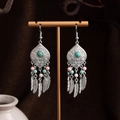 Bohemian silver alloy earrings with turquoise beads and delicate feather pendants - Multicolor(E4437-1)