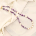 Handmade necklace with purple spotted stone, white pearls and gold beads on silk fabric - 1# Purple Flower Emperor Stone
