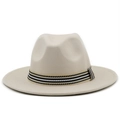Detail of beige wool fedora hat with a striped band and classic pinched crown design - Beige