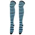 Blue and black striped thigh high socks with reinforced black toes and heels - One Size / Thin Stripes / Light Blue/Black