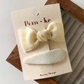 Korean style cream white bow hair clip set with yellow checkered satin on display card - Checkered Bow and Striped Clip Set (Style 5) / 2PCS