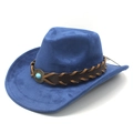 Vintage wide brim navy suede jazz hat with woven leather band and turquoise detail - M (56-59cm) / Navy Blue (Suede Finish)