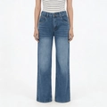 Detailed shot of dark blue high-waisted wide-leg jeans with vintage washed denim texture - S / Blue