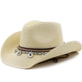 Unisex woven straw cowboy hat in beige with ethnic beads and adjustable chin strap - Beige