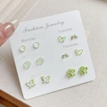 Set of 6 fresh green flower and butterfly stud earrings on a fashion jewelry card - ZS2 Green Flower / 6 Pairs Set