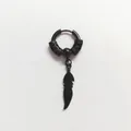 Macro detail of matte black stainless steel earring featuring a textured feather pendant - Dragon Feather / Earring (Pierced) / Black