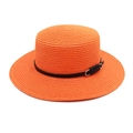 Detailed close-up of orange straw boater hat with black leather strap and silver metal buckle - M(56-58cm) / Orange