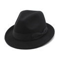 Classic black wool fedora hat for women with wide brim and elegant ribbon bow detail - M (56-58cm) / Black