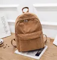 Detail of a brown corduroy backpack showing top handle and dual zippers in home setting - Khaki / Plain Style