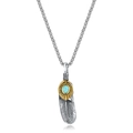 Silver feather necklace with gold accent and turquoise stone pendant on link chain - Feather Turquoise